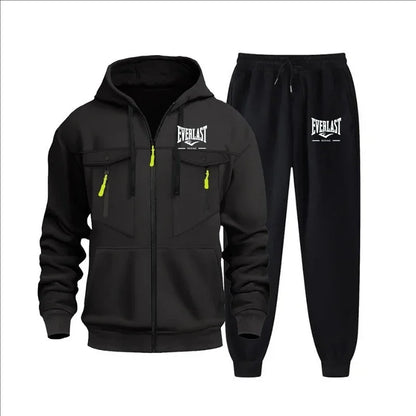 Autumn and winter new men's sweatshirt sport set, fashionable windproof and warm men's zipper hoodie and pants 2-piece set.