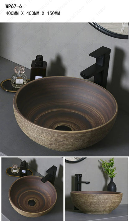 Braunes Keramikgefäß, Waschbecken, Waschtisch, Schüssel, ovaler Badezimmertisch, Waschbecken, Toilette, Balkon, Kunstbecken, über der Theke, Sockelwaschbecken