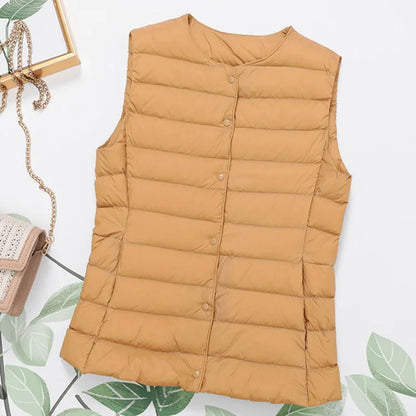 2023 Neuankömmlinge Herbst Winter warme Frauen ärmellose Daunen futter Taillen mantel weibliche ultraleichte weiße Enten Daunen weste Jacken.