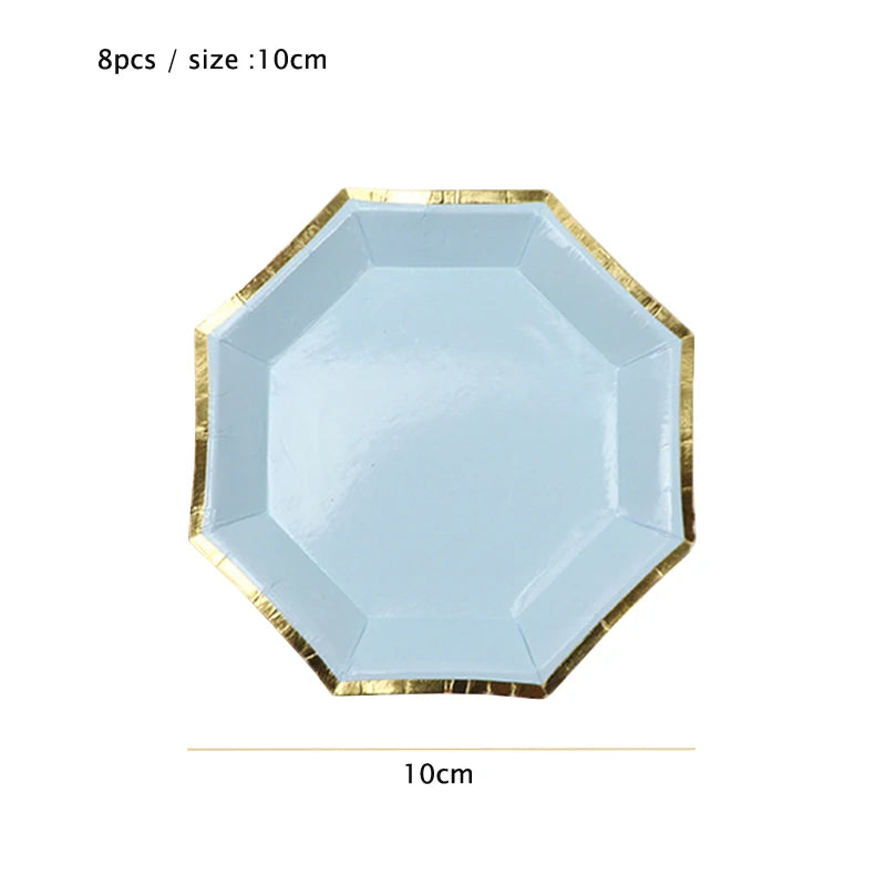 Gold Blue Party Disposable Tableware Paper Straw Cups Plates Napkins Baby Shower Favors Birthday Wedding Decor Party Supplies.