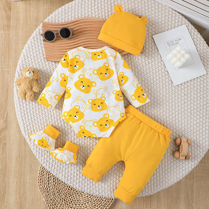 0-9 Months Baby Boy Set Little Bear Long Sleeve Bodysuit+Pants+Hat+Socks 4pcs/Set Baby Spring Autumn clothing Newborn set.
