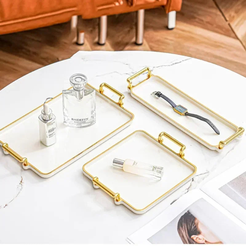 Household Rectangular Light Luxury Tray  Cosmetics Storage Tray Living Room Water Cup Storage Hotel Apartment Storage Tray New.