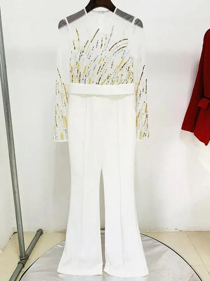 HIGH STREET Newest 2024 Designer Runway Fashion Women's Mesh Splicing Sequin Diamonds Beaded Jumpsuit.