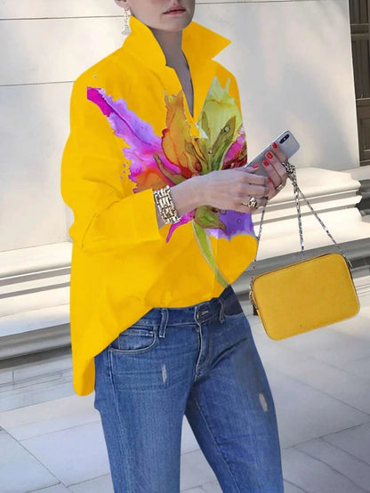 Women's Floral Tie Dye Print Long Sleeve Shirt Office Elegant Fashion Single Breasted Casual Shirt.