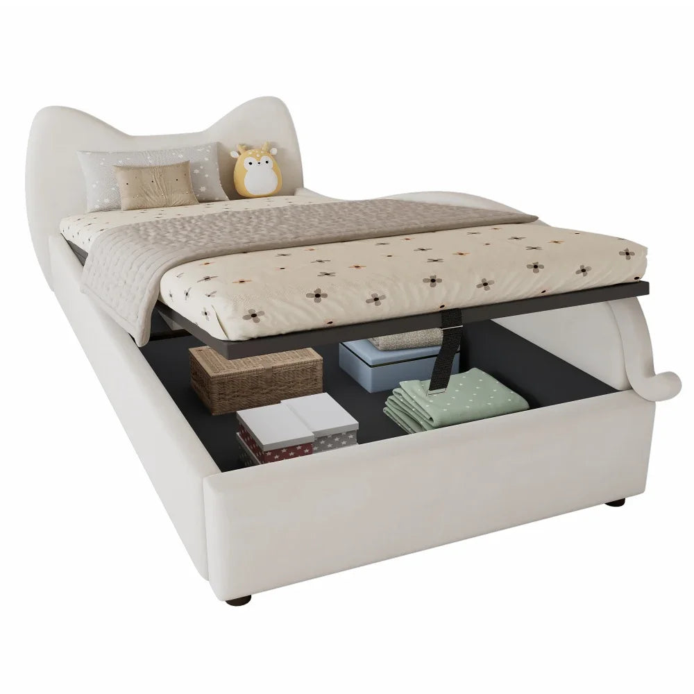 Polsterbett, Einzelbett, süßes Katzendesign, hydraulisches Bett mit Stauraum und Gürtelgriffen, stabiler Gitterrost, 90 x 200 cm