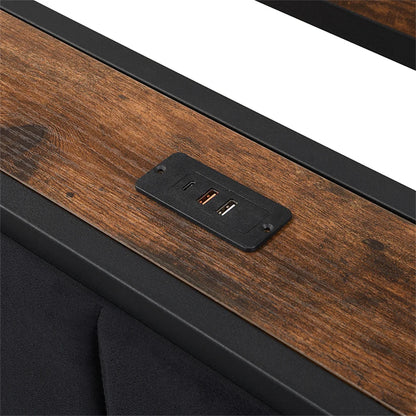 Metallbett 140x200cm, Flachbetten, Kopfteil mit Regal und 3 usb-anschlüsse, Metall+MDF+Velvet, Schwarz + Walnuss, ohne Matratze