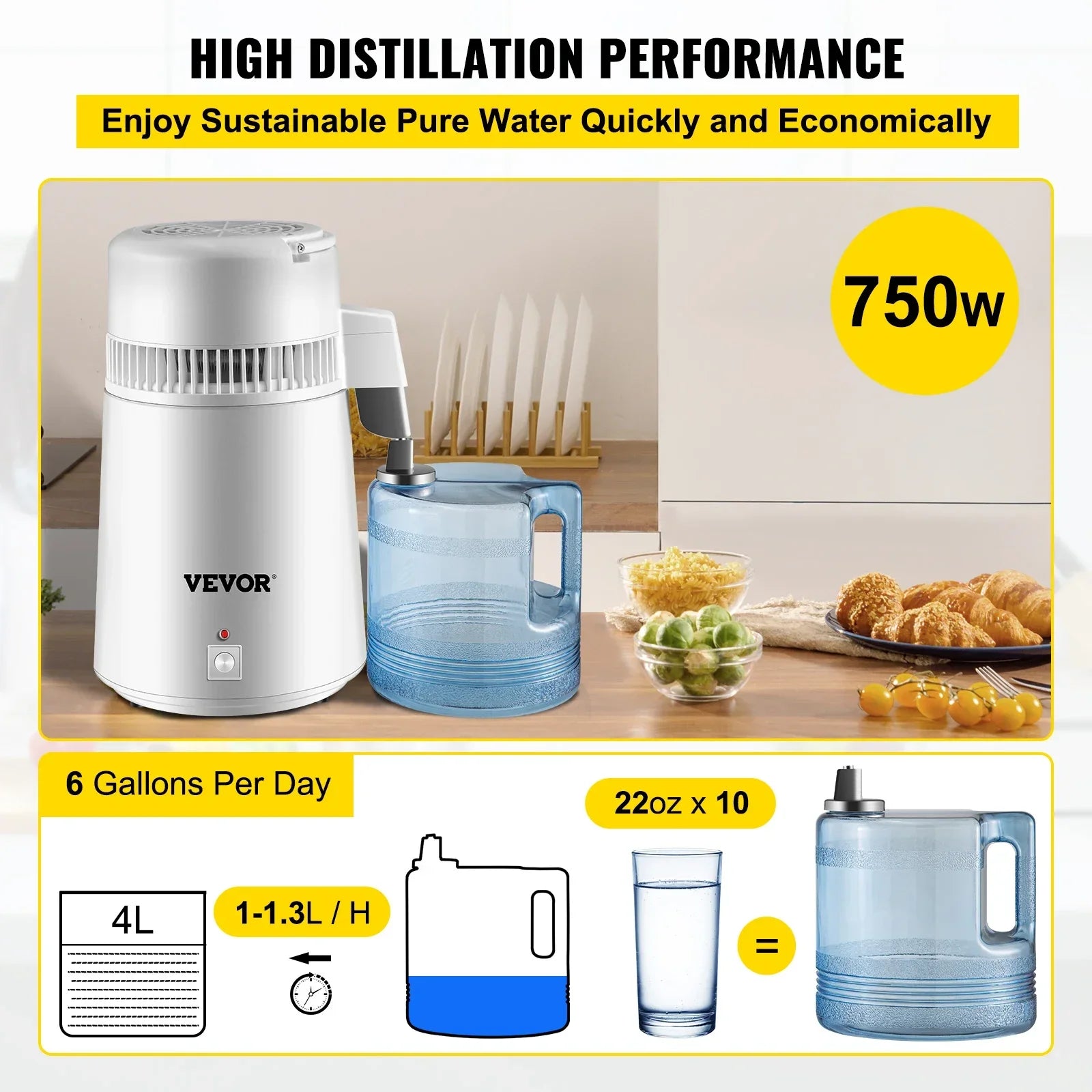 VEVOR 4L Water Distiller Purifier Filter Dispenser Heating Drinking Bottle Softener 304 Stainless Steel Home Appliance for Offic.