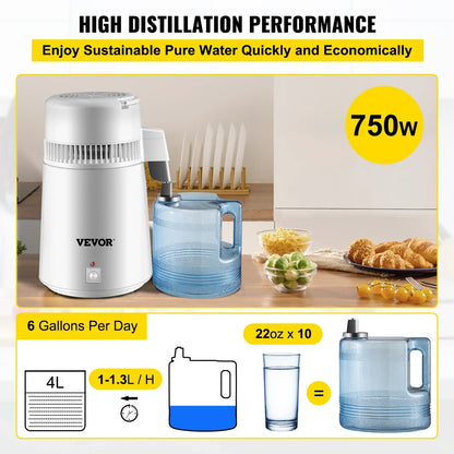 VEVOR 4L Water Distiller Purifier Filter Dispenser Heating Drinking Bottle Softener 304 Stainless Steel Home Appliance for Offic.