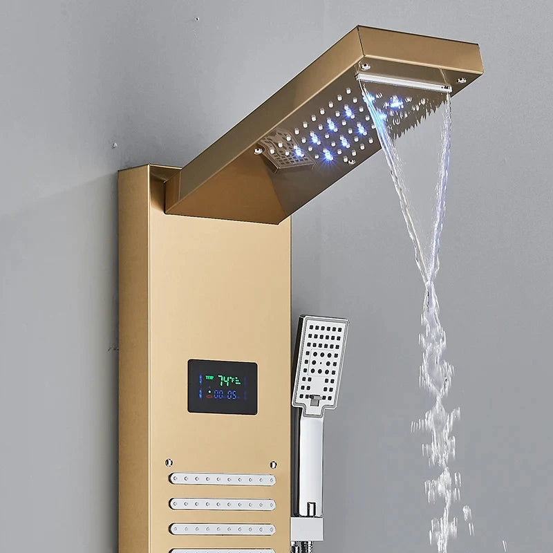 Golden Shower Panel LED Light Bathroom Bath Shower Column Tower Digital Screen Waterfall Rain shower Mixers Rotate Massage Jets