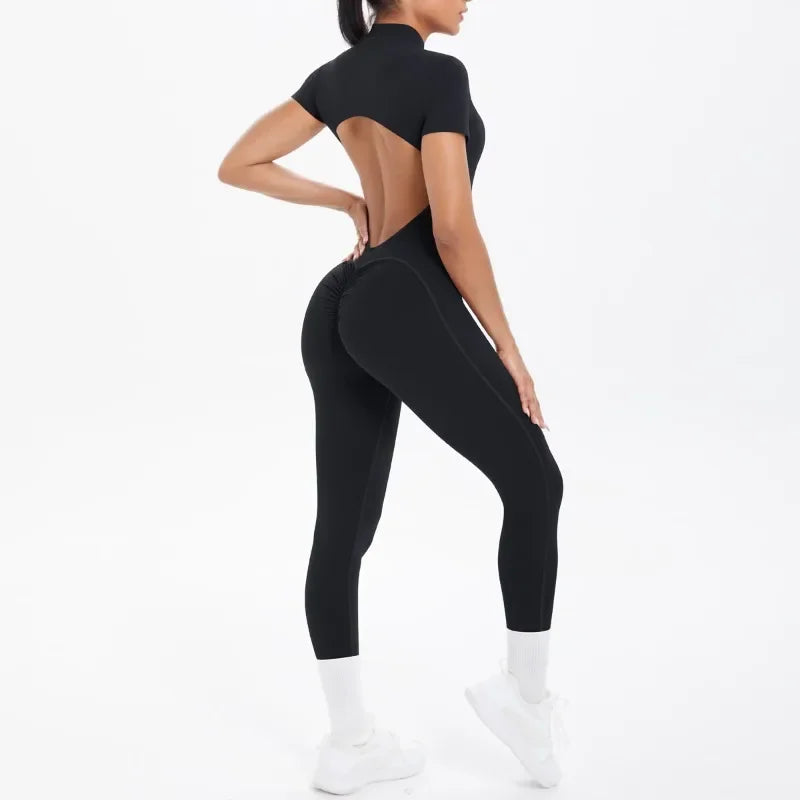 New Women's Yoga Jumpsuit Front Zipper Tight Back Hollow Out Short Sleeve-pants Activewear for Fitness Running Gym Workout