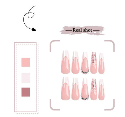 Rhinestone Glitter Powder White French Long Ballet Fake Nails Fashion Detachable Finished False Nails Press on Nails with Glue.
