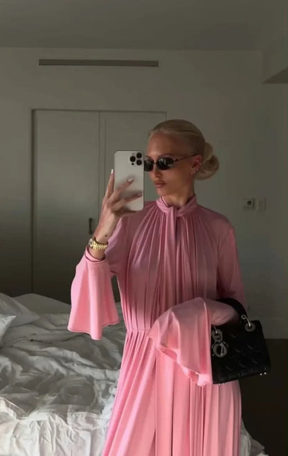 Elegante Y2K Mode Lange Flare Hülse V-ausschnitt Floral Schlitz Party Abendkleid Robe Vintage Frauen Falten Langes Kleid