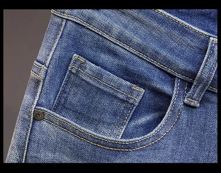 Men's Slim Straight Jeans Fashion Korean winter and Autumn Trousers Comfortable Elastic Blue Fitted Business Casual Denim Pants.