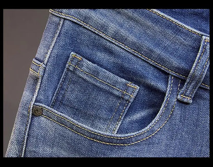 Men's Slim Straight Jeans Fashion Korean winter and Autumn Trousers Comfortable Elastic Blue Fitted Business Casual Denim Pants.