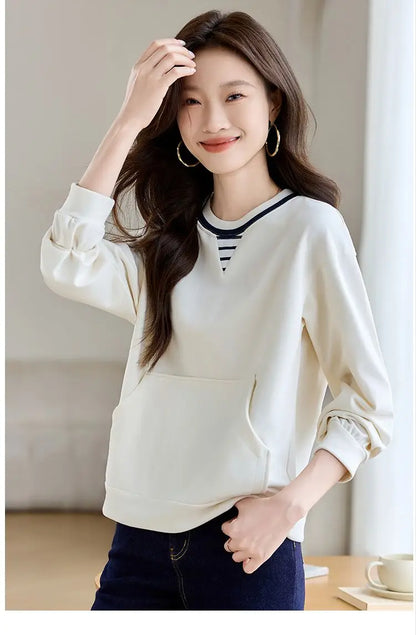 Apricot Round Neck Contrast Long Sleeve Womens Sweatshirt Stylish Casual Minimalist Top.