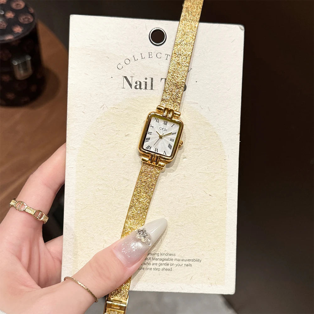 GEDI Gold Stainless Steel Quartz Watch Square Woman High-End Vintage Light Luxury Elegant Women's Wristwatches Gift.