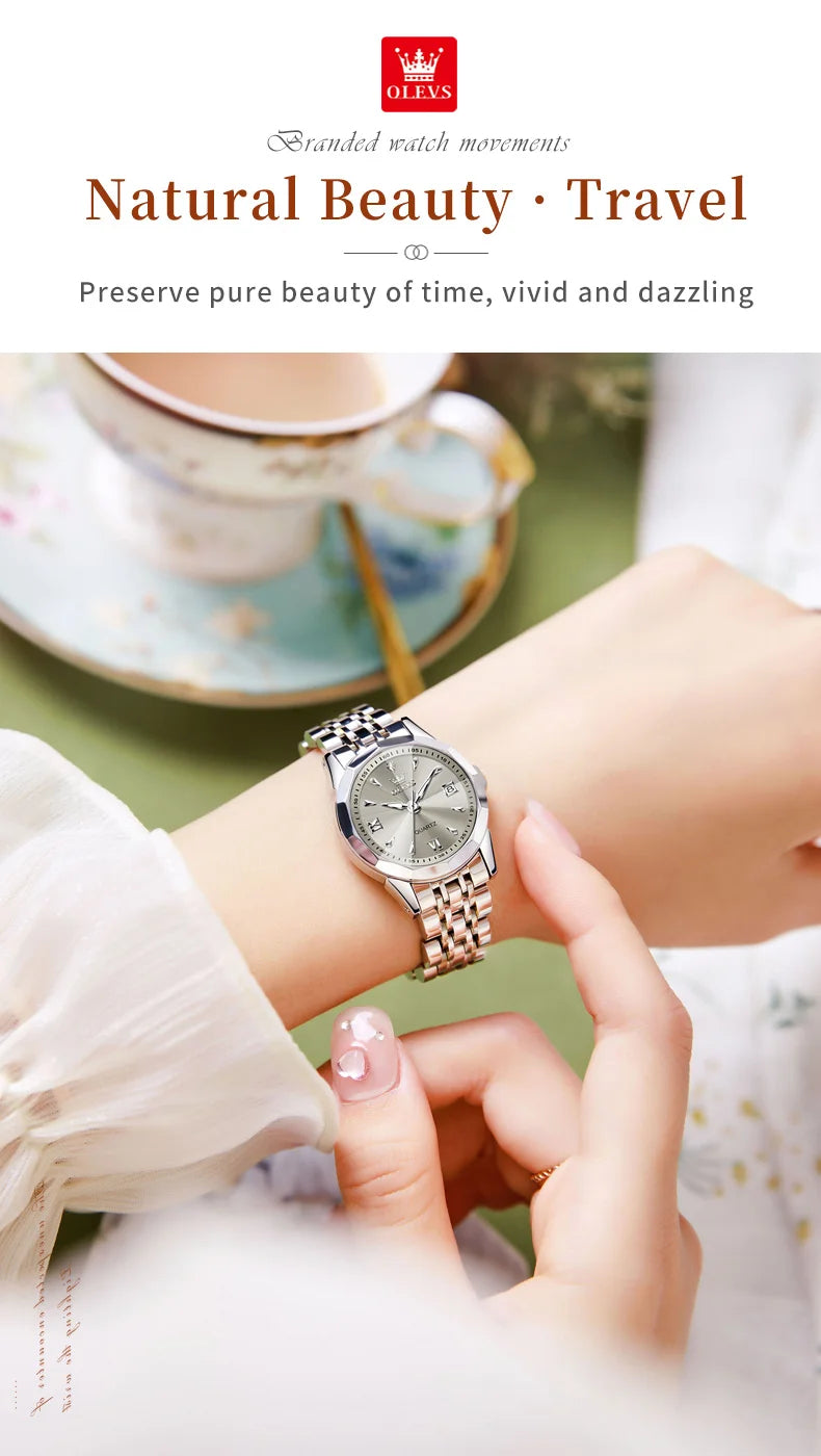 OLEVS Elegant Fashion Ladies Watches 9998 Original Quartz Women's Watches Waterproof Stainless Steel Luminous Date Wristwatch.
