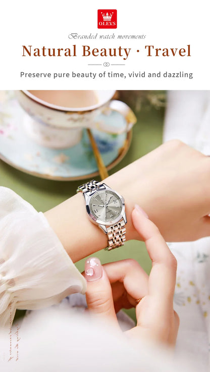 OLEVS Elegant Fashion Ladies Watches 9998 Original Quartz Women's Watches Waterproof Stainless Steel Luminous Date Wristwatch.