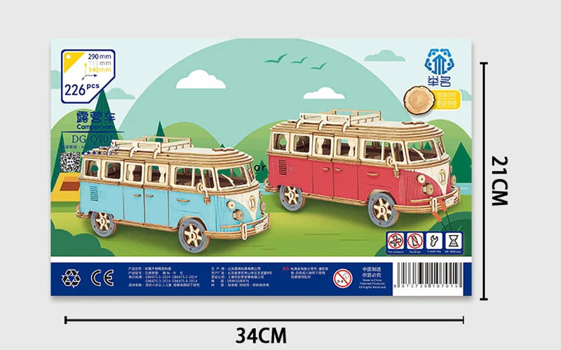 Retro Bus European-style Campervan 3D Wooden Car Puzzle DIY Sailing Ship Airplane Building House Model Jigsaw Toys For Children.