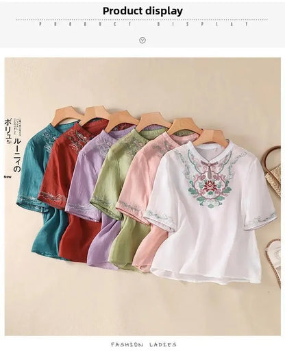 Retro Chinesischen Stil Lose Fit Baumwolle Leinen Kurzarm Shirt frauen Sommer Schwere Stickerei Abnehmen Top Flagge Kleid.