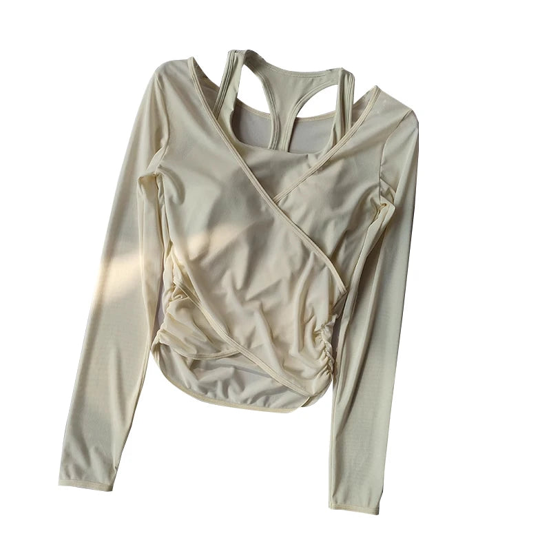 Sexy Mesh Slimming Yoga Suit for Women Gathering Together Sports Bra Fake Two Pieces of Quick Drying Training Pilates Cover Up.