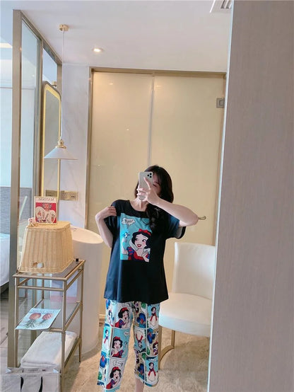 Sommer Pooh Bär Nachtwäsche frauen Lose Bequeme Cartoon Print Hause Kleidung Set Kurzarm Nachthemd Mickey Pyjama Set.