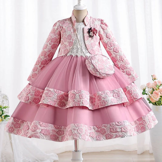 Neues Mädchenkleid, zweiteiliges Set, 3–10 Jahre alt, wunderschönes Weihnachts-Performance-Kleid, Herbst-Party-Abschlussballkleid für Mädchen