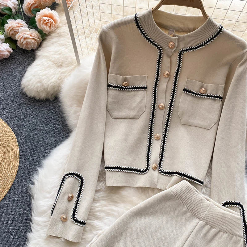 New Autumn Korean Fashion Casual Knit Two Piece Set Women Sweater Cardigan Crop Top + Wide Leg Pant Suits Tracksuit 2 Piece Sets.