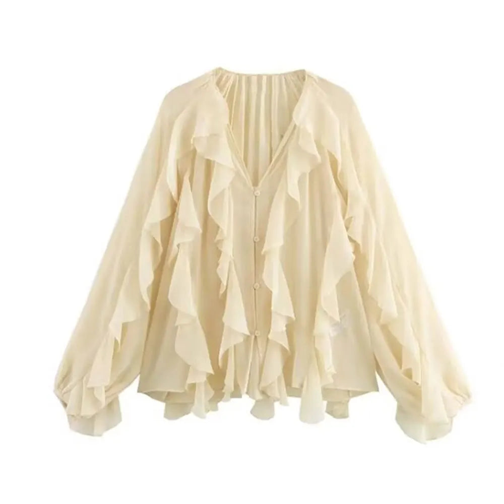 Women Fashion With Ruffles Semi-sheer Blouses V Neck Long Sleeve Button-up Female Shirts Chic Tops.