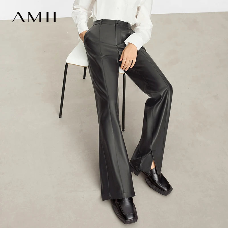 AMII Minimalist Casual Pants for Women 2025 Autumn Clothing PU Leather Loose Straight Pants Slit Office Lady Trousers 12343250.