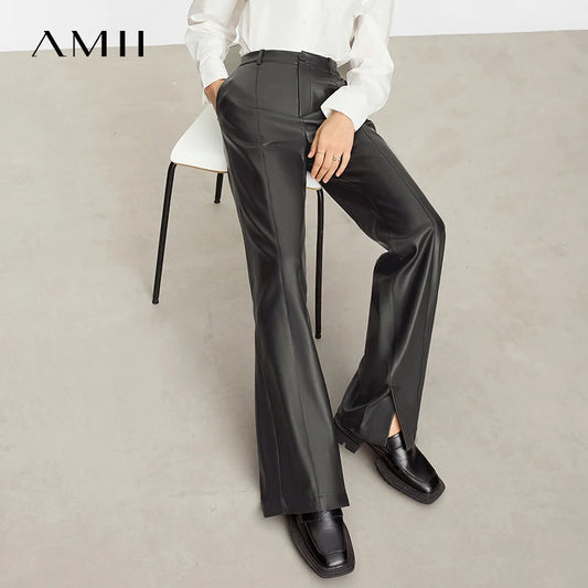 AMII Minimalist Casual Pants for Women 2025 Autumn Clothing PU Leather Loose Straight Pants Slit Office Lady Trousers 12343250.