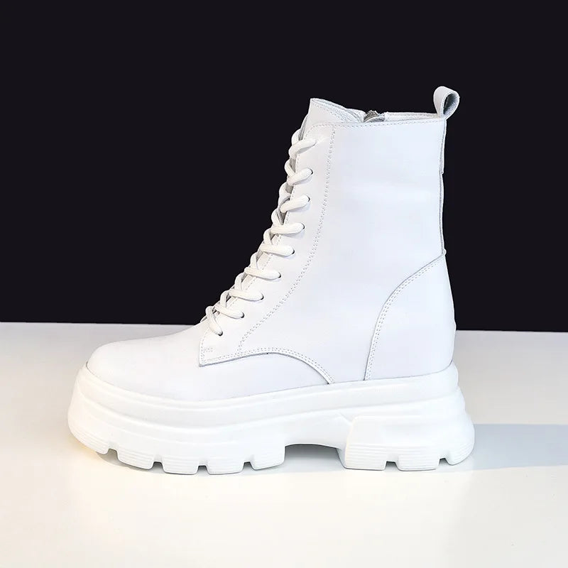 WOIZGIC Women Female Ladies Mother Genuine Leather Ankle Boots Shes Warm Autumn Winter Plush Zipper Motorcycle British Increase