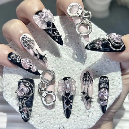 Jirai Japanese Spice Girls Handmade Press On Nails Y2K Black White Long Tip Nail Art 3D Butterfly Star Crown Cool Fake Nails.