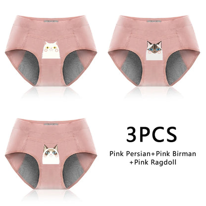 3PCS Cotton Menstrual Panties Leak Proof Breathable Cartoon cat Panties Woman Women Girls Physiological Pants Women's Intimates