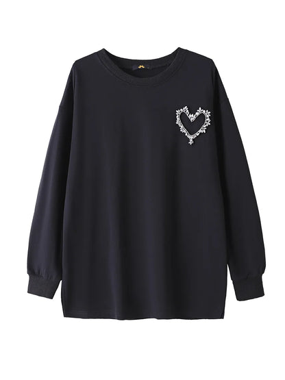 150 kg Übergröße Damen Büste 155 Frühling Herbst Lose Sweatshirt mit hellem Diamantherz Schwarz 5XL 6XL 7XL 8XL 9XL