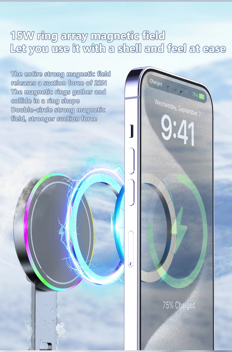 2025 New K3 Wireless Charger Car Phone Holder Colorful Light Vacuum Suction Cup Charging Can 360° Rotate Foldable Phone Holder.