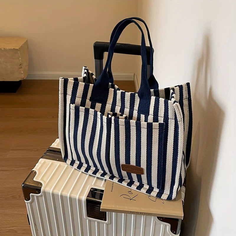 Cool Street Handbag, Large Capacity Women's Shoulder Bag, Trendy Striped Canvas Crossbody Bag, Fashion Travel Shopping Tote Bag.