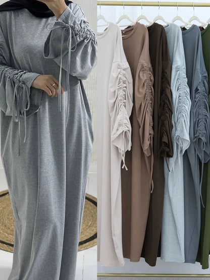Muslim Women Arabic Dubai Abaya Drawstring sleeves Long Dress Modest Ramadan Kaftan Robe Femme musulmane Islam Clothing Kebaya.