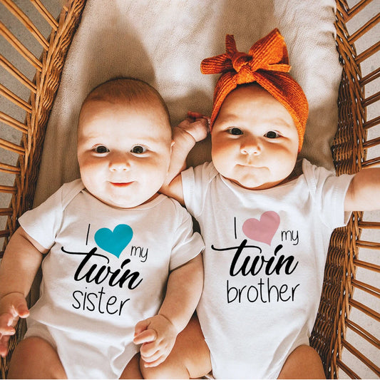 Zwillinge Säuglings-Body „I Love My Twin Sister Brother“ für Neugeborene, Jungen und Mädchen, kurzärmelig, Overall, Kleinkind-Kleidung, Baby-Geschenk-Strampler.