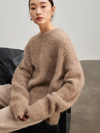 SuyaDream Warm Alpaca Pullovers for Woman, Dropped Sleeved Loose Sweaters, 2025 Fall Winter Top, Camel, Beige.