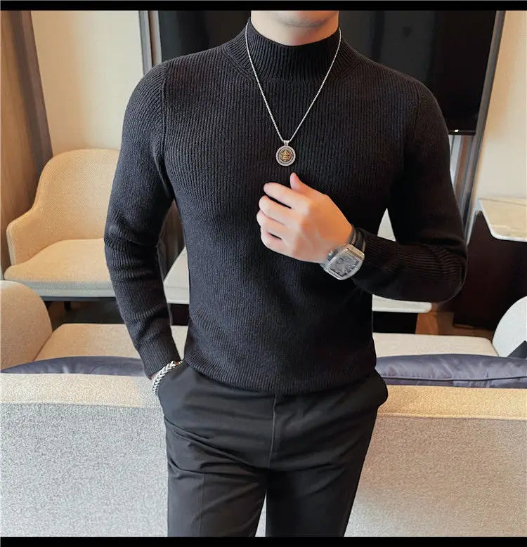 Half Turtleneck Sweater Men with Striped Wool in Autumn Winter Thickened Slightly Loose Base Knitted.