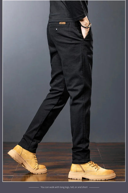 Men's Twill Slim Pants Business Straight Cotton Casual Trousers Brand Fashion Korean Elastic Coffee Black Gray Pant.