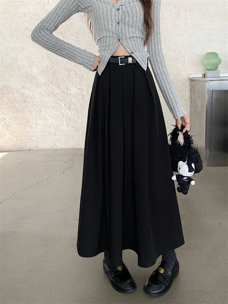 2024 New Korean Skirt Women Solid Color Versatile Mid-length Pleated Skirt Large Swing Type Skirt Female Long Skirts for Women