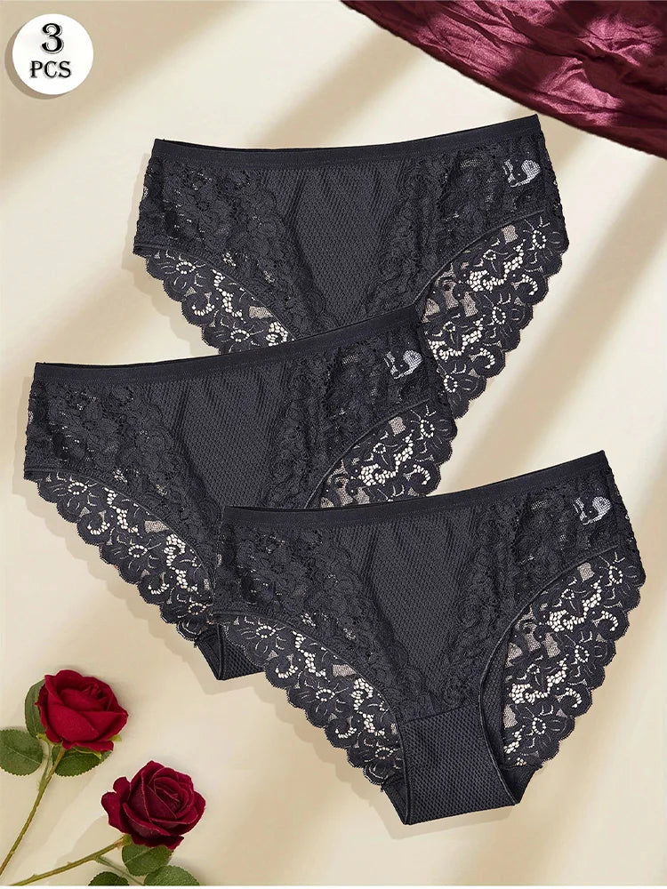 3pcs Women’s Sexy Lace Panties / Comfortable Underwear with Floral Lace Design, Perfect for Daily Wear and Sleep.