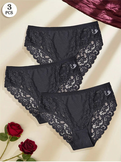 3pcs Women’s Sexy Lace Panties / Comfortable Underwear with Floral Lace Design, Perfect for Daily Wear and Sleep.