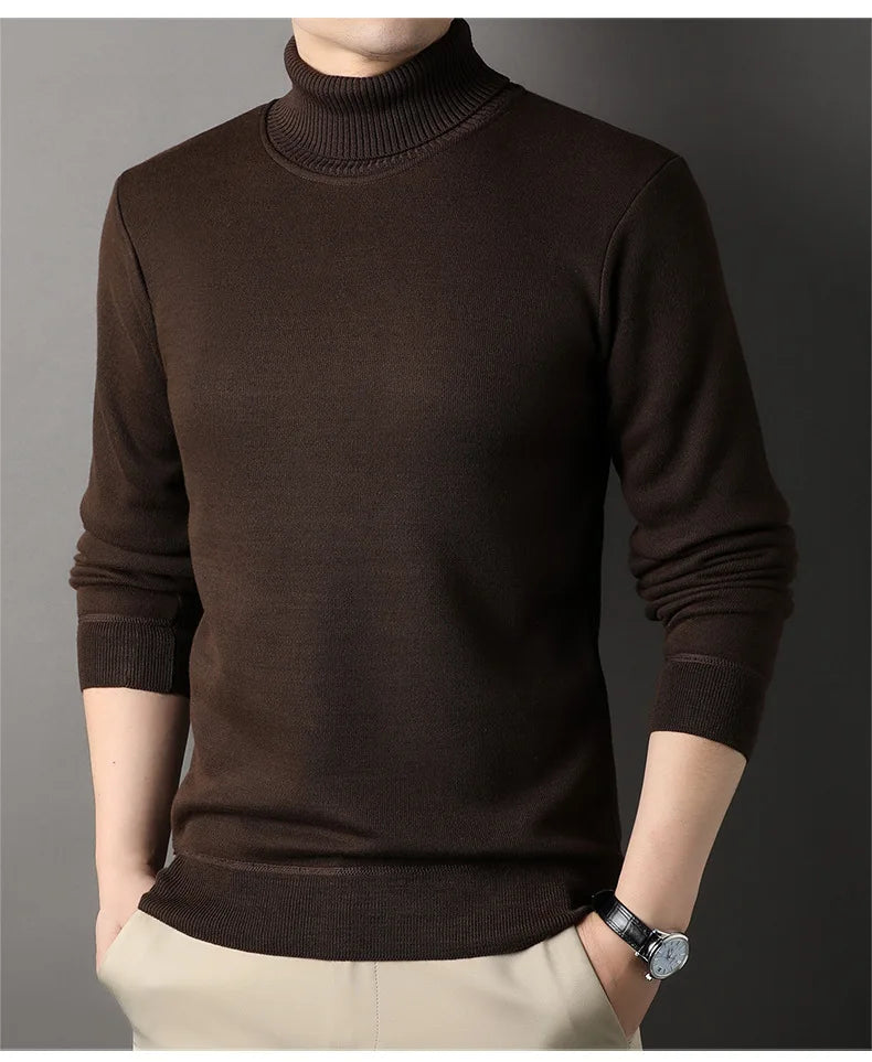 Men's Autumn Winter New Turtleneck Sweater Warm Cozy Solid Color Casual Bottom Knitted Pullovers Male Fashion Knitwear