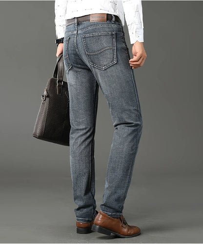 New Business Men's Jeans Casual Straight Stretch Fashion Classic Smoke Gray Blue Black Work Denim Trousers Male Brand Clothing.
