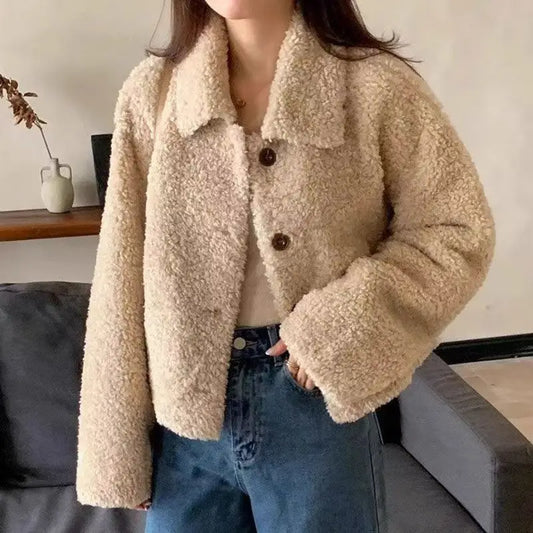 Frauen Herbst Winter Doppel Fleece Warme Verdicken Jacke drehen-unten Einreiher Kurze Oberbekleidung Lose Mode Lässig Mantel