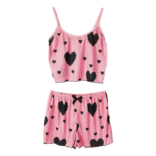 Damen-Pyjama-Set mit Herz-Print, süßes sexy Straps-Top, Shorts, lässiges Heim-Nachtwäsche-Set, bequeme Baumwoll-Loungewear