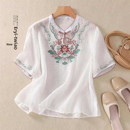 Retro Chinesischen Stil Lose Fit Baumwolle Leinen Kurzarm Shirt frauen Sommer Schwere Stickerei Abnehmen Top Flagge Kleid